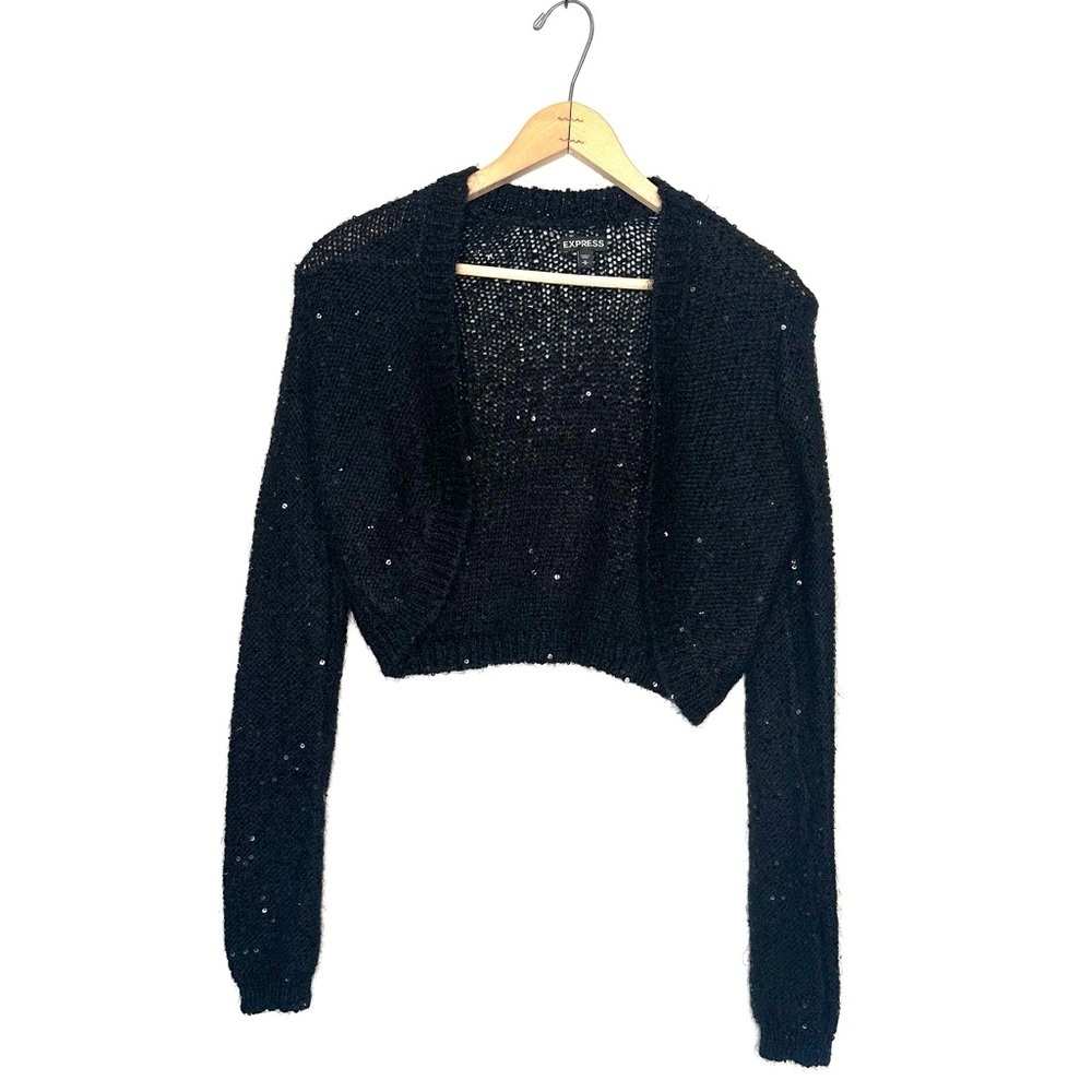 Express | Black Woven Sequins Knit Long Sleeve Shrug Sweater Size Medium